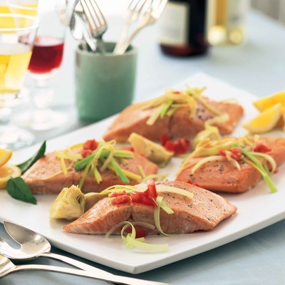 Seared Alaska Salmon with Tomatoes, Leeks and Artichokes